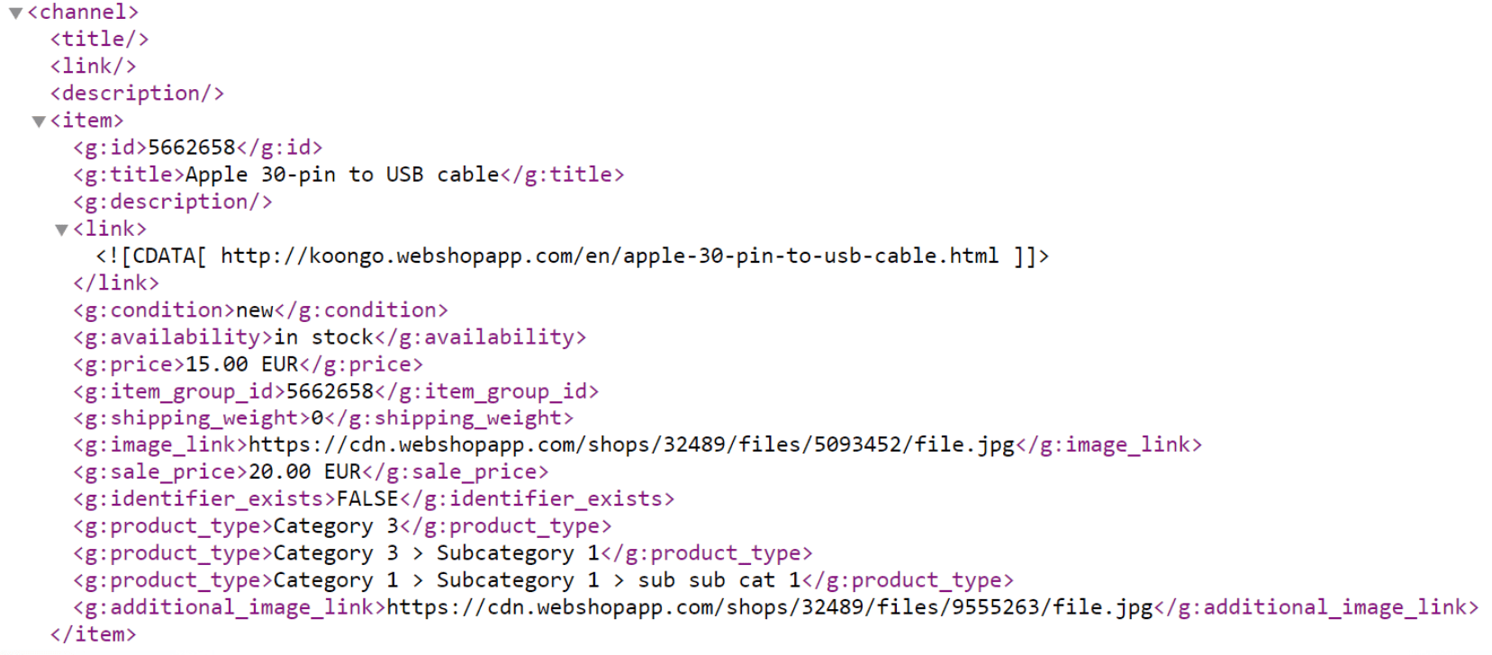 Ejemplo de feed XML creado por herramientas de automatización de feed de producto y gestión de feed de datos.  