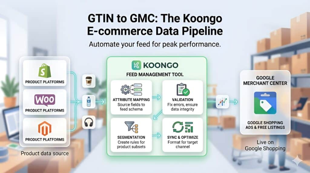 Flujo de trabajo de gestión de feeds de Koongo que conecta los datos de productos de Shopify, WooCommerce y Magento con Google Merchant Center para anuncios de Google Shopping y fichas gratuitas. El diagrama muestra el proceso automatizado de optimización del feed de e-commerce, incluyendo el mapeo de GTIN, la validación del feed de producto, la segmentación, la sincronización y la optimización de atributos para mejorar el rendimiento de Google Shopping y evitar errores en el feed. 