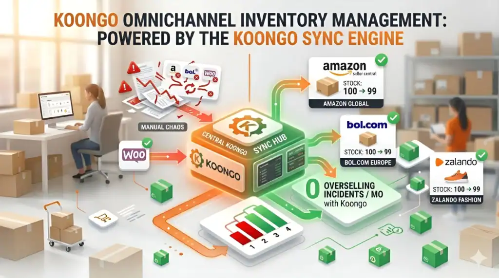 Gestión centralizada de inventario con motor de sincronización de Koongo que actualiza automáticamente el stock en Amazon, bol.com, Zalando y WooCommerce con cero incidentes de sobreventa