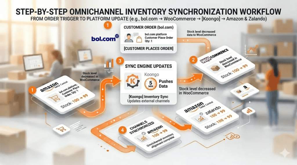 Flujo de trabajo de sincronización de inventario omnicanal desde el pedido del cliente hasta las actualizaciones automáticas de stock en Amazon, bol.com, WooCommerce y Zalando