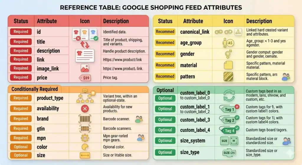 Tabla de referencia de los atributos del feed de Google Shopping que muestra los campos obligatorios, condicionalmente obligatorios, recomendados y opcionales, como título, descripción, GTIN, marca, disponibilidad, etiquetas personalizadas y atributos de tamaño, con iconos y descripciones para cada tipo de atributo.