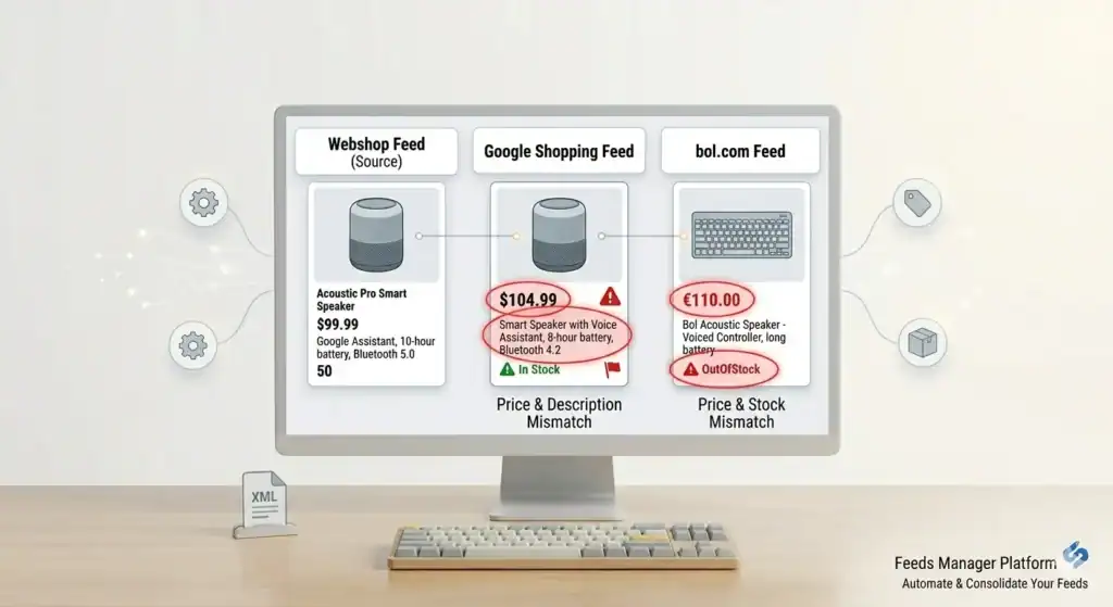 Ilustración de un feed de producto multicanal que muestra datos de producto desajustados entre un feed de origen de la tienda online, el feed de Google Shopping y el feed de bol.com, destacando incoherencias de precio, desajustes de stock y errores de sincronización del feed de producto en plataformas de e-commerce.
