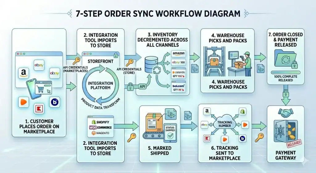 Diagrama de flujo de trabajo de sincronización de pedidos en 7 pasos que muestra cómo se procesan los pedidos de marketplace a través de un sistema de integración de comercio electrónico. El paso 1 muestra a un cliente realizando un pedido en marketplaces como Amazon, eBay, Zalando, Kaufland y Bol.com. El paso 2 muestra una plataforma de integración importando pedidos en sistemas de tienda como Shopify, WooCommerce y Magento mediante credenciales de API. El paso 3 muestra el inventario actualizado automáticamente en todos los canales de venta. El paso 4 ilustra al personal del almacén preparando el pedido. El paso 5 marca el pedido como enviado. El paso 6 envía la información de seguimiento de vuelta a los marketplaces. El paso 7 cierra el pedido y libera el pago a través de la pasarela de pago.       