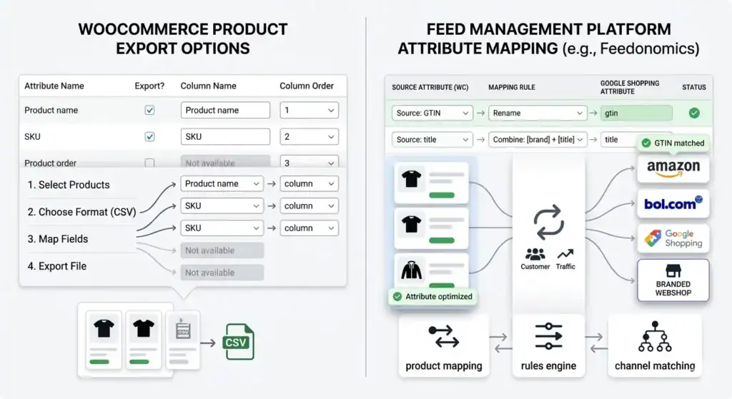 Comparación paralela de las opciones de exportación de productos de WooCommerce y una interfaz de mapeo de atributos de una plataforma de gestión de feeds, que muestra cómo se mapean, optimizan y sincronizan los datos de los productos con Google Shopping, Amazon, bol.com y tiendas web de marca.