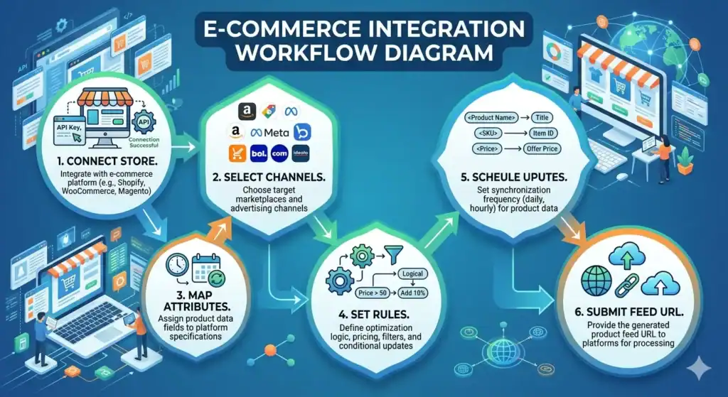 Diagrama del flujo de trabajo de integración de e-commerce que muestra el proceso completo de gestión de feeds de productos para la venta multicanal. La ilustración explica cómo las tiendas Shopify, WooCommerce y Magento se conectan a marketplaces y canales publicitarios, incluidos Amazon, Meta Ads, bol.com, Google Shopping e Idealo. El flujo de trabajo incluye el mapeo de atributos de productos, reglas de optimización de feeds, programación de sincronización de inventario, transformación de datos de productos, actualizaciones automáticas de feeds y envío de URL de feeds para la integración en marketplaces y la automatización de listados de productos.  