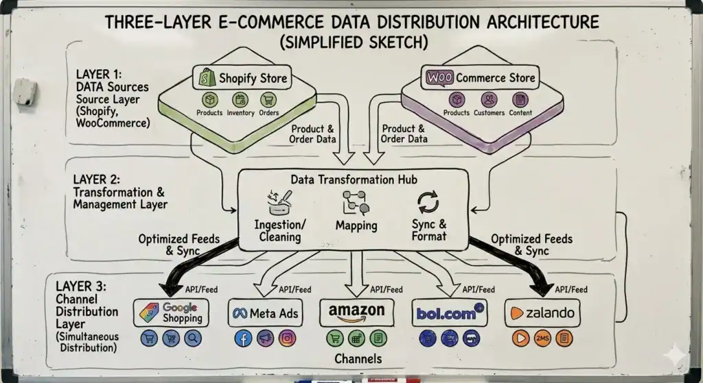 Diagrama de una arquitectura de tres capas para la distribución de datos de comercio electrónico. La primera capa consta de las fuentes de datos: tienda Shopify y tienda WooCommerce que contienen productos, inventario, pedidos, clientes y contenido. Los datos fluyen hacia la segunda capa, el Centro de Transformación de Datos, donde se lleva a cabo la ingesta, limpieza, mapeo y sincronización de datos. Posteriormente, los feeds optimizados se distribuyen a la tercera capa de canales a través de API, incluidos Google Shopping, Meta Ads, Amazon, bol.com y Zalando. El diagrama ilustra la gestión centralizada y la distribución simultánea de datos de comercio electrónico en múltiples plataformas.    
