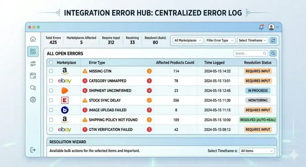 Interfaz de panel titulada “Integration Error Hub: Centralized Error Log” que muestra incidencias de integración con marketplaces en múltiples plataformas de comercio electrónico. La pantalla muestra estadísticas de errores, incluidos errores totales, marketplaces afectados y elementos que requieren intervención. Una tabla central enumera errores abiertos de Amazon, eBay, Zalando, Kaufland y Bol.com, con problemas como GTIN faltante, categoría sin mapear, envío sin confirmar, retraso en la sincronización de stock, fallo en la carga de imágenes y fallo en la verificación de GTIN. Cada fila incluye el número de productos afectados, la marca de tiempo y el estado de resolución, como “Requires Input”, “In Progress”, “Monitoring” o “Resolved (Auto-Heal)”. La interfaz también incluye filtros, función de búsqueda y una sección de asistente de resolución para acciones masivas.    