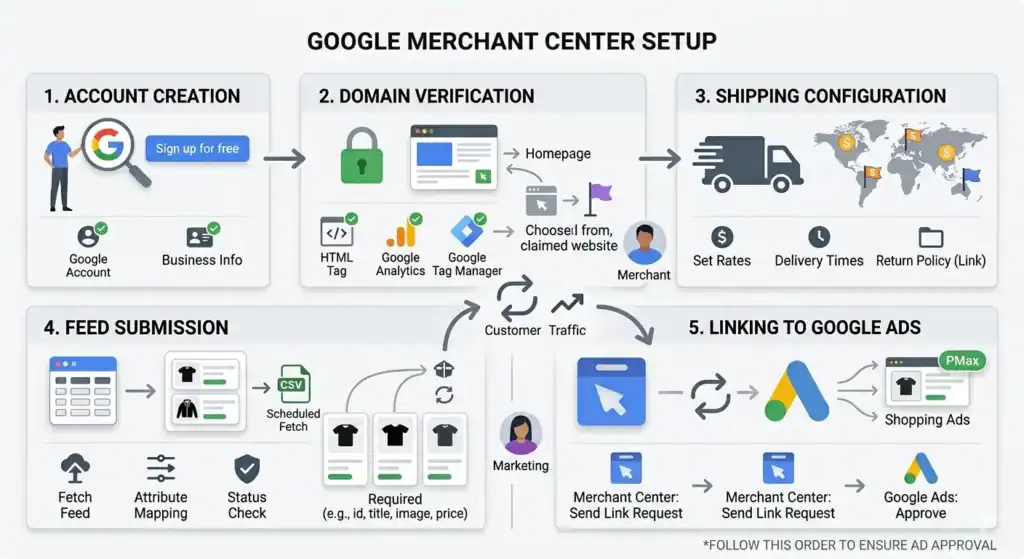 Diagrama paso a paso de la configuración de Google Merchant Center que muestra la creación de la cuenta, la verificación del dominio, la configuración del envío, el envío del feed de producto y la vinculación de Merchant Center con Google Ads para campañas de Shopping y anuncios de Máximo rendimiento.