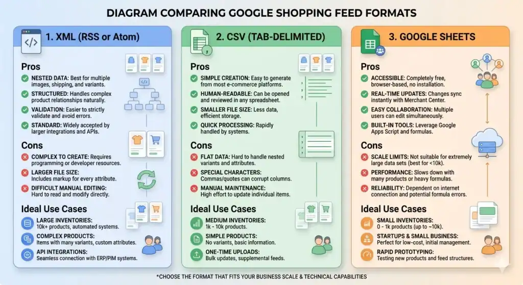 Infografía que compara los formatos de feed de Google Shopping: XML, CSV y Google Sheets, incluyendo sus pros, contras y casos de uso ideales para diferentes tamaños de tiendas de e-commerce y necesidades de automatización.