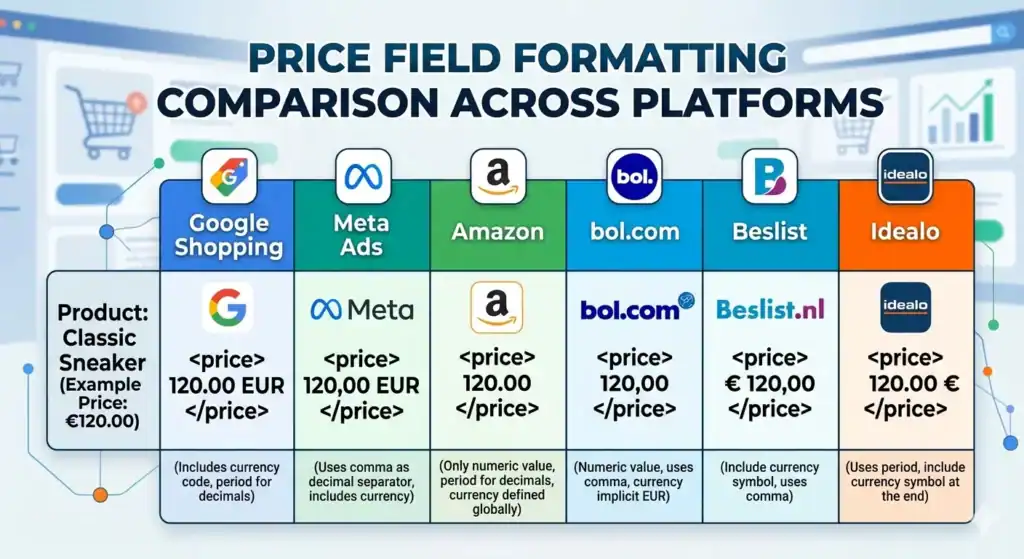 Tabla comparativa que muestra cómo los campos de precio de los productos deben formatearse de manera diferente en las plataformas de e-commerce y marketplaces, incluidos Google Shopping, Meta Ads, Amazon, bol.com, Beslist e Idealo. El diagrama explica las reglas de formato de los atributos de precio del feed de datos, las diferencias en la estructura de precios XML, los requisitos de formato de moneda, los separadores decimales, las especificaciones del feed de marketplace y el mapeo de datos de productos entre plataformas para la gestión de feeds de e-commerce multicanal. 
