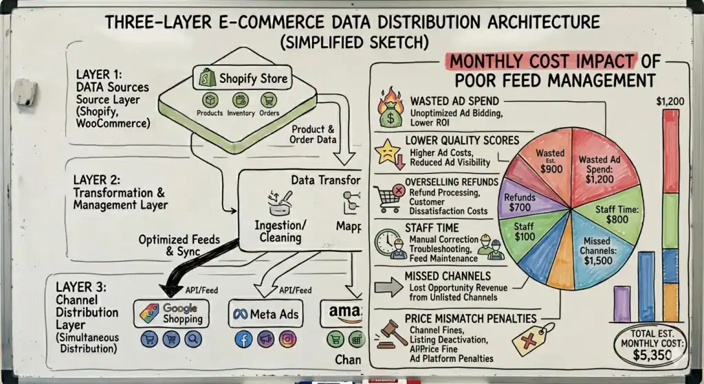 Texto alternativo:
Infografía dibujada a mano titulada “Arquitectura de distribución de datos de comercio electrónico de tres capas (esquema simplificado)” mostrada en una pizarra. En el lado izquierdo, el diagrama explica un sistema de tres capas para distribuir datos de comercio electrónico. La Capa 1 muestra fuentes de datos como la tienda Shopify y WooCommerce que contienen productos, inventario y pedidos. Las flechas conducen a la Capa 2, una sección de “Transformación de datos” donde se produce la ingesta, limpieza, mapeo y sincronización de datos. Los feeds optimizados se distribuyen luego a través de API a los canales de la Capa 3, incluidos Google Shopping, Meta Ads y Amazon.    

En el lado derecho, una sección titulada “Impacto del coste mensual de una mala gestión de feeds” ilustra las pérdidas comerciales causadas por una mala gestión de los feeds de productos. Enumera problemas como la inversión publicitaria desperdiciada, puntuaciones de calidad más bajas, reembolsos por sobreventa, tiempo del personal, canales de venta perdidos y penalizaciones por desajuste de precios. Un gráfico circular de colores y un gráfico de barras visualizan las pérdidas mensuales estimadas, con el coste mensual total estimado mostrado como 5.350 $.  
