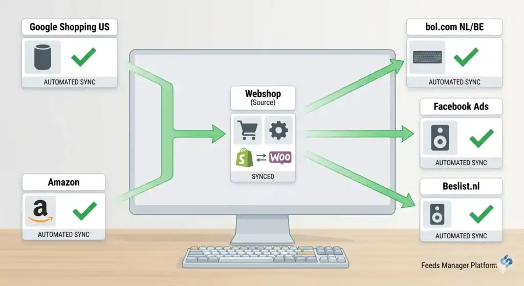 Diagrama que muestra la sincronización automatizada del feed de producto multicanal desde un feed de origen de la tienda online hacia Google Shopping, Amazon, bol.com, Facebook Ads y Beslist.nl, con gestión centralizada de inventario y datos de producto en múltiples plataformas de e-commerce.