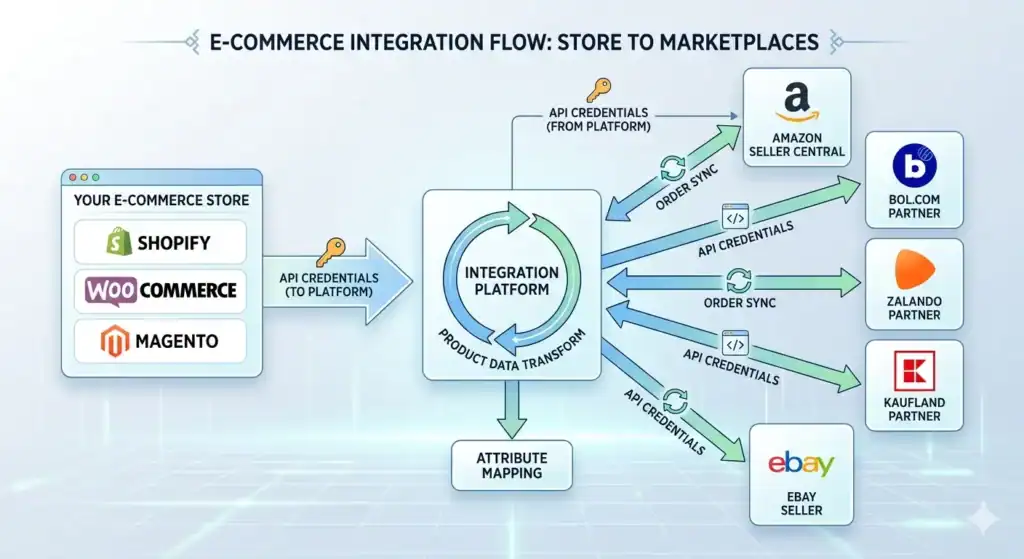 Diagrama que ilustra el flujo de integración entre una tienda de comercio electrónico y múltiples plataformas de marketplace. A la izquierda aparecen Shopify, WooCommerce y Magento conectados mediante credenciales de API a una plataforma central de integración. La plataforma gestiona la transformación de datos de producto, la sincronización de pedidos y el mapeo de atributos. A la derecha aparecen Amazon Seller Central, Bol.com Partner, Zalando Partner, Kaufland Partner y eBay Seller, conectados mediante credenciales de API y procesos de sincronización de pedidos.   