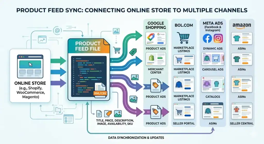Diagrama detallado de sincronización de feeds de productos que muestra cómo una tienda online que utiliza Shopify, WooCommerce o Magento envía datos de productos a través de archivos de feed de producto XML y CSV a múltiples canales de venta y publicidad, incluidos Google Shopping, Amazon, bol.com y Meta Ads. La ilustración explica la gestión de feeds de marketplace, la sincronización automatizada de inventario, el mapeo de datos de productos, la integración con Merchant Center, la gestión de ASIN, los anuncios dinámicos, la sincronización de catálogos y las actualizaciones de feeds de productos multicanal de e-commerce en tiempo real. 