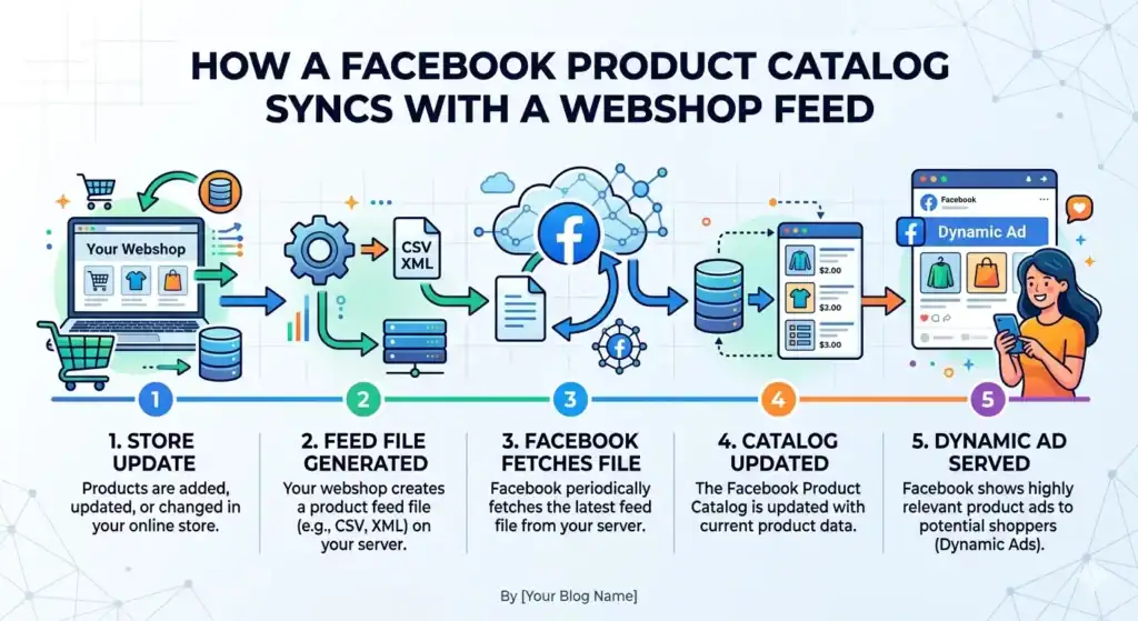 Proceso de sincronización del catálogo de productos de Facebook que muestra cómo una tienda online genera un archivo de feed de producto (CSV/XML), Facebook obtiene el feed, actualiza el catálogo de productos y sirve anuncios dinámicos con datos de producto actuales a los compradores.