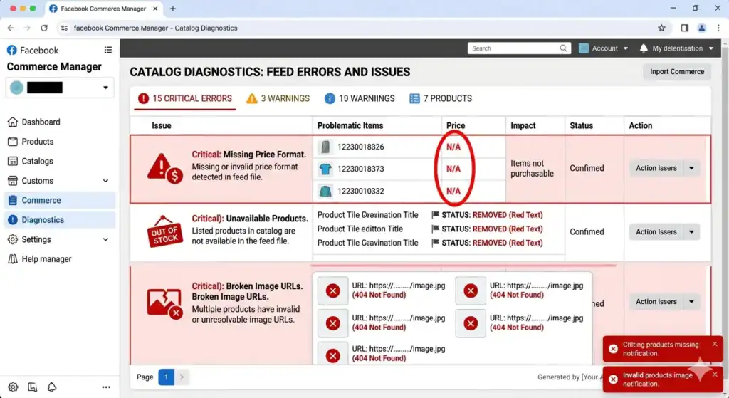 Captura de pantalla de Diagnóstico del catálogo de Facebook Commerce Manager que muestra errores comunes del feed de producto, incluidos formatos de precio ausentes, productos no disponibles, URL de imágenes rotas y problemas del catálogo que afectan a los anuncios dinámicos de Facebook.