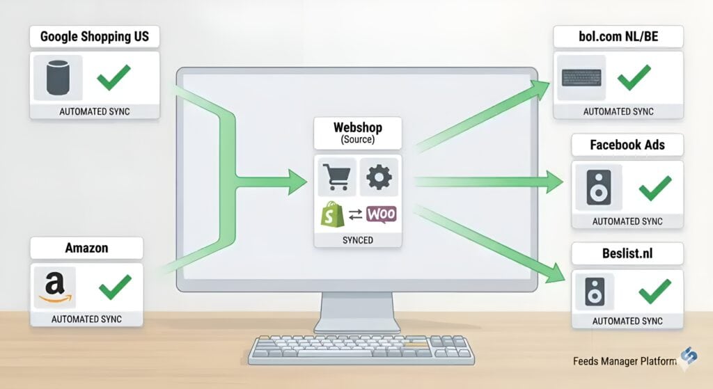 Diagrama que muestra la sincronización automatizada del feed de producto multicanal desde un feed de origen de la tienda online hacia Google Shopping, Amazon, bol.com, Facebook Ads y Beslist.nl, con gestión centralizada de inventario y datos de producto en múltiples plataformas de e-commerce.