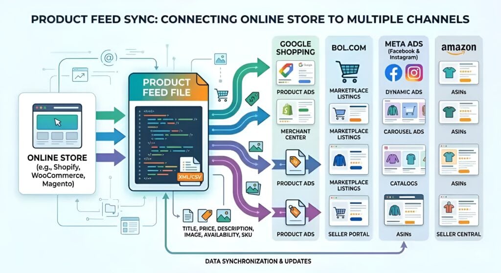 Diagrama detallado de sincronización de feeds de productos que muestra cómo una tienda online que utiliza Shopify, WooCommerce o Magento envía datos de productos a través de archivos de feed de producto XML y CSV a múltiples canales de venta y publicidad, incluidos Google Shopping, Amazon, bol.com y Meta Ads. La ilustración explica la gestión de feeds de marketplace, la sincronización automatizada de inventario, el mapeo de datos de productos, la integración con Merchant Center, la gestión de ASIN, los anuncios dinámicos, la sincronización de catálogos y las actualizaciones de feeds de productos multicanal de e-commerce en tiempo real. 