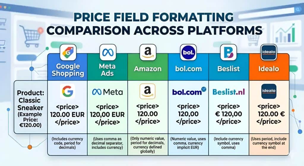 Tabla comparativa que muestra cómo los campos de precio de los productos deben formatearse de manera diferente en las plataformas de e-commerce y marketplaces, incluidos Google Shopping, Meta Ads, Amazon, bol.com, Beslist e Idealo. El diagrama explica las reglas de formato de los atributos de precio del feed de producto, las diferencias en la estructura de precios XML, los requisitos de formato de moneda, los separadores decimales, las especificaciones del feed de marketplace y el mapeo de datos de productos entre plataformas para la gestión de feeds de e-commerce multicanal. 