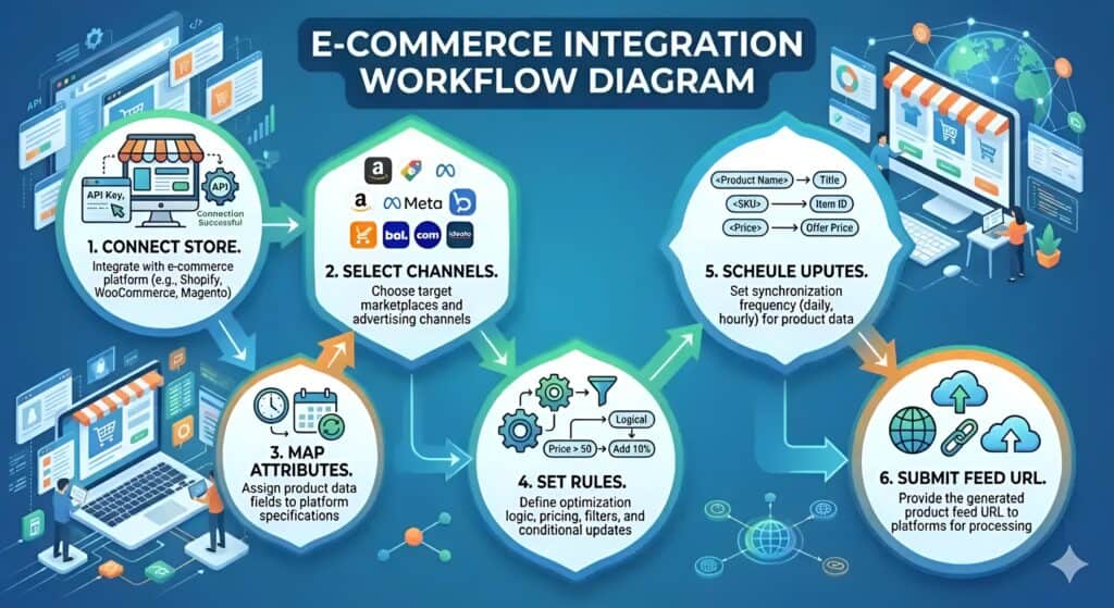 Diagrama del flujo de trabajo de integración de e-commerce que muestra el proceso completo de gestión de feeds de productos para la venta multicanal. La ilustración explica cómo las tiendas Shopify, WooCommerce y Magento se conectan a marketplaces y canales publicitarios, incluidos Amazon, Meta Ads, bol.com, Google Shopping e Idealo. El flujo de trabajo incluye el mapeo de atributos de productos, reglas de optimización de feeds, programación de sincronización de inventario, transformación de datos de productos, actualizaciones automáticas de feeds y envío de URL de feeds para la integración en marketplaces y la automatización de listados de productos.  