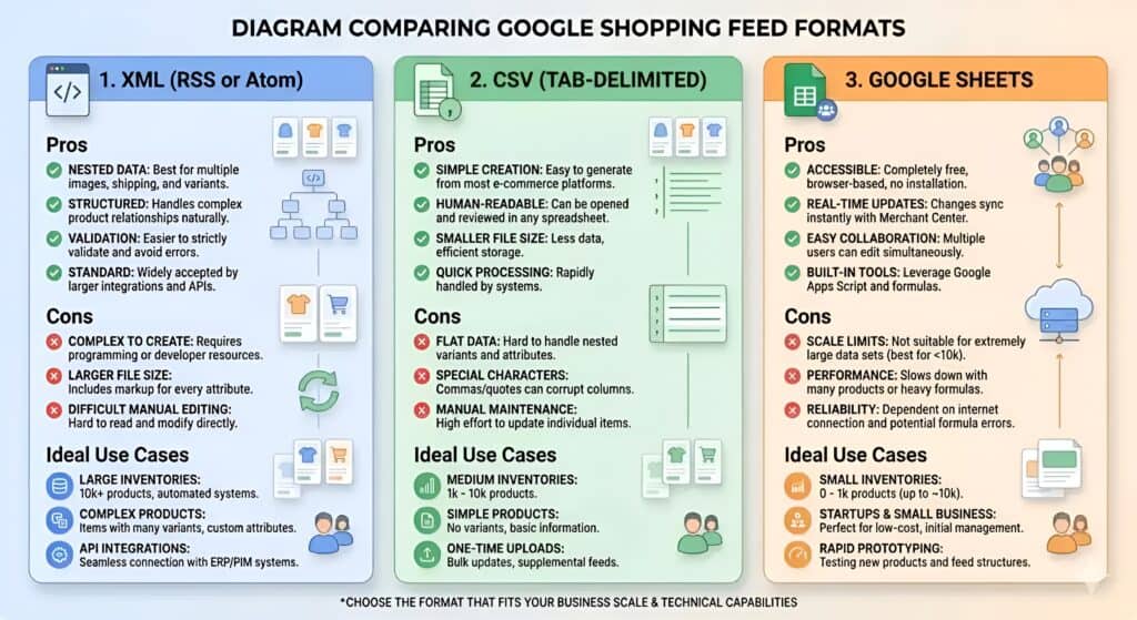 Infografía que compara los formatos de feed de Google Shopping: XML, CSV y Google Sheets, incluyendo sus pros, contras y casos de uso ideales para diferentes tamaños de tiendas de e-commerce y necesidades de automatización.