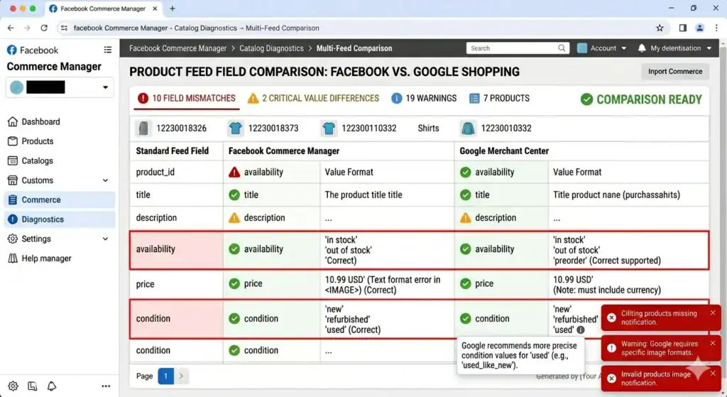 Tabla comparativa que muestra las diferencias entre los campos del feed de producto de Facebook Commerce Manager y Google Merchant Center, incluida la disponibilidad, el formato de precios, los valores de condición y las advertencias habituales de discrepancias del feed en ambas plataformas.
