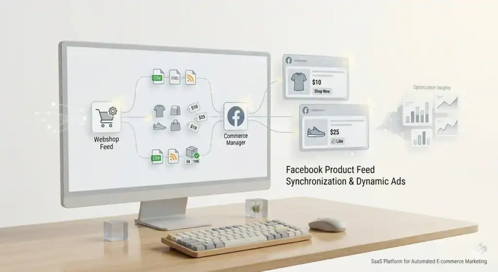 Ilustración minimalista de un espacio de trabajo que muestra un feed de producto de una tienda online conectado a Facebook Commerce Manager, con sincronización automática de productos, anuncios dinámicos de Facebook, datos de precios y analítica de e-commerce sobre un fondo claro y limpio.
