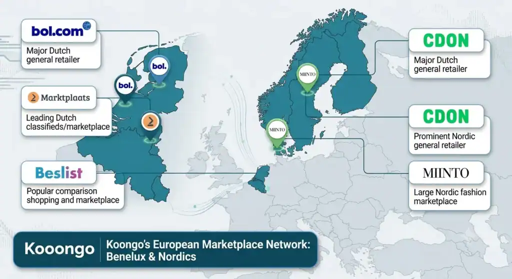 Red de marketplaces europeos soportada por Koongo, con marketplaces de Benelux y Nórdicos incluidos bol.com, CDON, Beslist, Marktplaats y Miinto.
