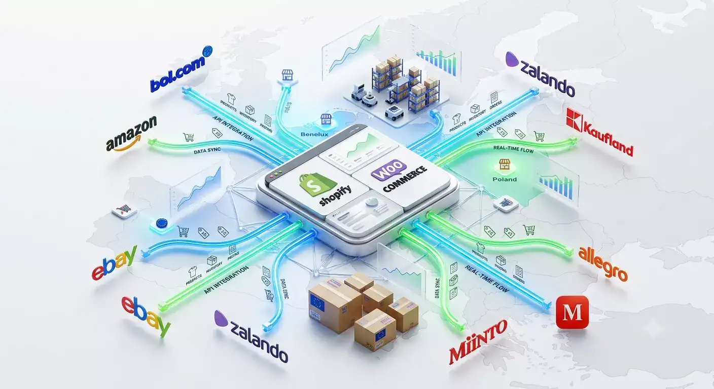 Ilustración destacada que muestra la gestión de comercio electrónico multicanal con Amazon, bol.com, Zalando, Kaufland, eBay, Allegro, Miinto, Shopify y WooCommerce conectados mediante sincronización de inventario en tiempo real, gestión de pedidos e integraciones de marketplace en toda Europa.