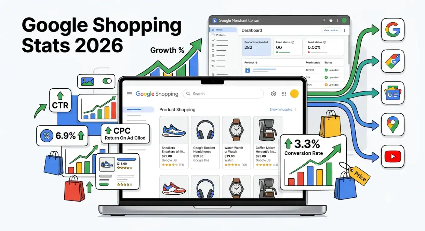 Ilustración destacada para Estadísticas de Google Shopping 2026 que muestra Google Shopping, Google Merchant Center, paneles de analítica de e-commerce, feeds de producto y métricas de rendimiento, incluyendo CTR, CPC, ROAS y tasas de conversión.