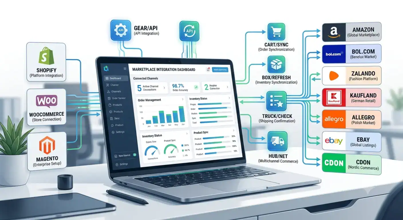 Ilustración destacada que muestra el software de integración de marketplace conectando tiendas Shopify, WooCommerce y Magento a marketplaces europeos a través de la integración API bidireccional. La imagen representa listados de productos automatizados, sincronización de pedidos, sincronización de inventario, actualizaciones de envío y venta multicanal en Amazon, bol.com, Zalando, Kaufland, Allegro, eBay y otros marketplaces europeos.