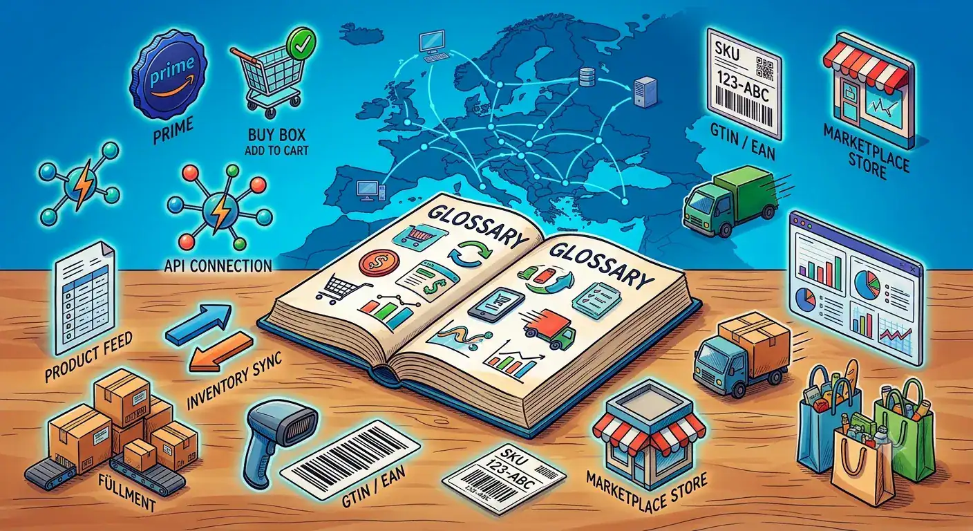 Ilustración del glosario de marketplace que muestra Amazon Prime, Buy Box, conexión API, feed de producto, sincronización de inventario, SKU, GTIN/EAN, logística, tienda de marketplace y conceptos de integración de e-commerce europeo.