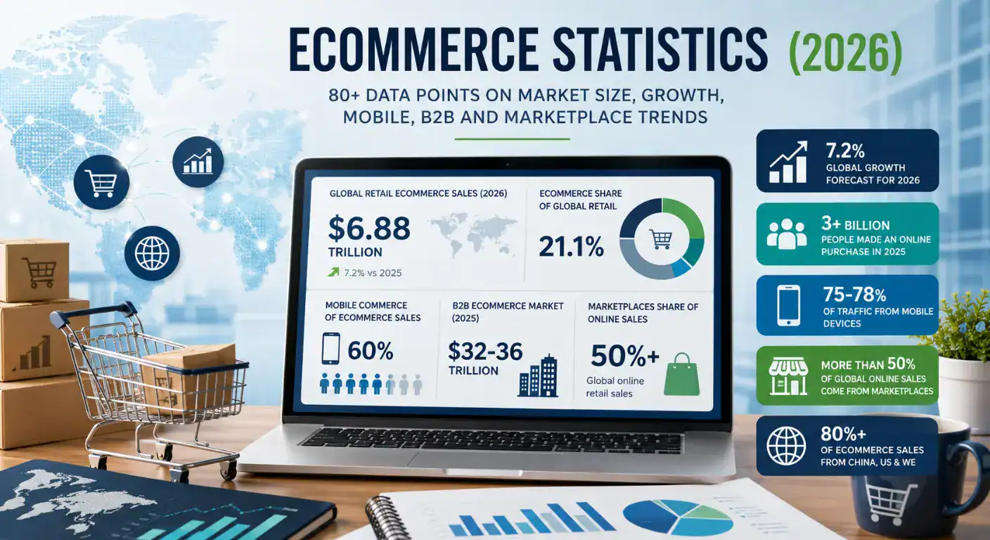 Ilustración destacada que resume las estadísticas clave de ecommerce para 2026, incluyendo el tamaño del mercado global de ecommerce, el crecimiento de las ventas minoristas, el comercio móvil, el ecommerce B2B, las tendencias de los marketplaces online y los conocimientos del ecommerce europeo. La infografía destaca los principales datos de la industria, las previsiones de mercado y las tendencias del comercio digital para minoristas online y empresas de ecommerce.